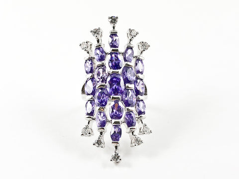 Unique Long Shape With Fine Firework Design Purple Color CZ Brass Ring