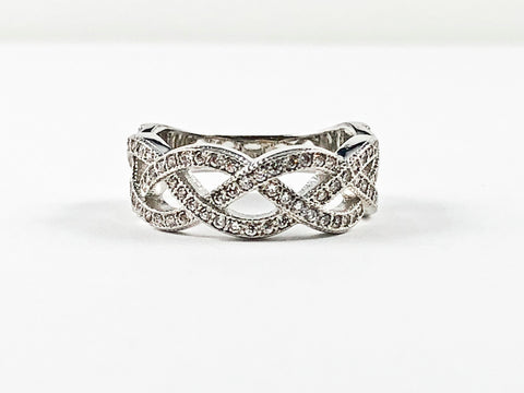 Fine Elegant Criss Cross Design Pattern Detailed Micro Setting CZ Brass Ring