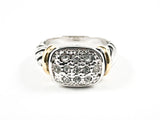 Modern Thin Rectangular Shape CZ Wire Band Two Tone Brass Ring