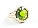 Beautiful Round Center Green Color CZ Brush Finish Design Gold Tone Brass Ring