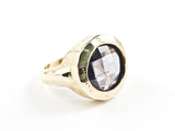 Beautiful Round Center Gray Color CZ Brush Finish Design Gold Tone Brass Ring