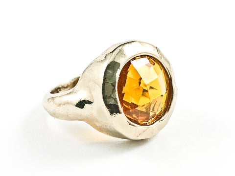Beautiful Round Center Orange Color CZ Brush Finish Design Gold Tone Brass Ring