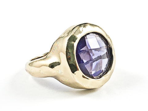 Beautiful Round Center Purple Color CZ Brush Finish Design Gold Tone Brass Ring