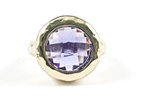 Beautiful Round Center Purple Color CZ Brush Finish Design Gold Tone Brass Ring