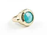 Beautiful Round Center Turquoise Color Stone Brush Finish Design Gold Tone Brass Ring