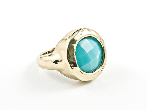 Beautiful Round Center Turquoise Color Stone Brush Finish Design Gold Tone Brass Ring