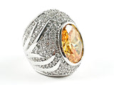 Stylish Large Center Oval Shape Citrine Color CZ With Micro Setting CZ Border Frame Brass Ring