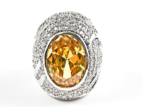 Stylish Large Center Oval Shape Citrine Color CZ With Micro Setting CZ Border Frame Brass Ring