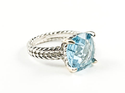 Beautiful Wire Texture Band With Center Square Shape Aquamarine CZ Brass Ring