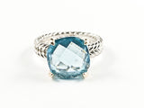 Beautiful Wire Texture Band With Center Square Shape Aquamarine CZ Brass Ring