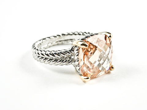 Beautiful Wire Texture Band With Center Square Shape Champagne CZ Brass Ring