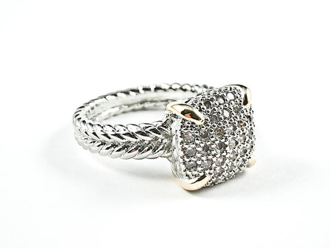 Beautiful Square Shape Wire Texture Pave Setting CZ Brass Ring