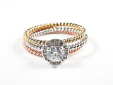 Beautiful 3 Piece Set Tri Color & Tone Beaded Band With Center Round CZ Brass Ring