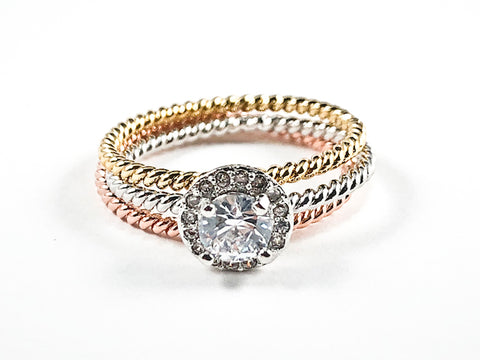 Beautiful 3 Piece Set Tri Color & Tone Beaded Band With Center Round CZ Brass Ring