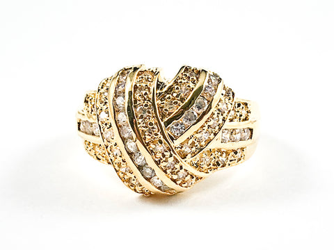 Elegant Unique Knot Twist Fine CZ Setting Gold Tone Brass Ring