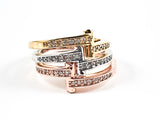 Elegant 3 Piece Set Tri Color Tone Criss Cross CZ Design Brass Ring