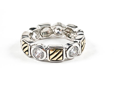 Modern Gold Tone Square & Round CZ Pattern Eternity Brass Band Ring