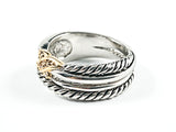 Nice Wire Textured Gold Tone X CZ Element Brass Band Ring