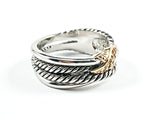 Nice Wire Textured Gold Tone X CZ Element Brass Band Ring