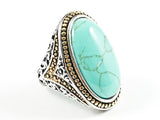 Beautiful Center Oval Shape Turquoise Stone Filigree Style Brass Ring