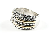 Nice Multi Row Two Tone Wire Texture X Design CZ Brass Ring