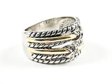 Nice Multi Row Two Tone Wire Texture X Design CZ Brass Ring