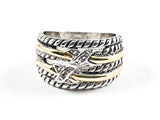 Nice Multi Row Two Tone Wire Texture X Design CZ Brass Ring