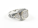 Modern Textured Square Shape 2 Tone Style Micro Pave Center Brass Ring