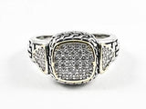Modern Textured Square Shape 2 Tone Style Micro Pave Center Brass Ring