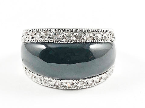 Elegant Simple Center Black Stone With Top & Bottom CZ Brass Ring