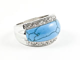 Elegant Simple Center Turquoise Stone With Top & Bottom CZ Brass Ring
