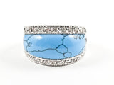 Elegant Simple Center Turquoise Stone With Top & Bottom CZ Brass Ring