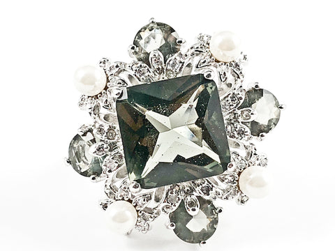 Beautiful Antique Design Center Square Gray CZ With Pearl & CZ Border Layered Brass Ring