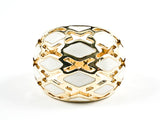 Beautiful Dome Shape White Enamel Open Cage Pattern Gold Tone Brass Ring