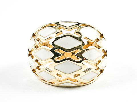 Beautiful Dome Shape White Enamel Open Cage Pattern Gold Tone Brass Ring