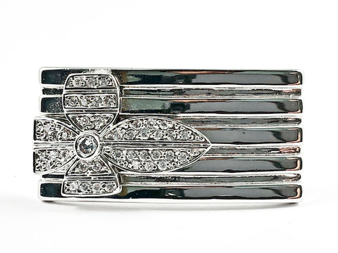 Nice Rectangle Shape Shiny Metallic With Flower CZ Design Horizontal Brass Ring