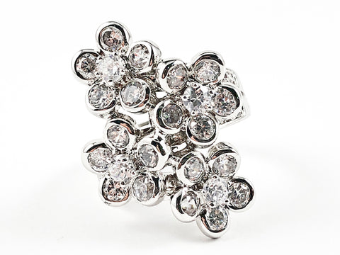 Elegant Multi Flower Petal CZ Unique Shape Brass Ring