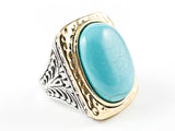Vintage Rectangle Shape Frame Center Oval Turquoise Stone Two Tone Brass Ring