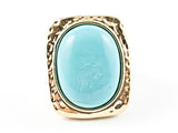 Vintage Rectangle Shape Frame Center Oval Turquoise Stone Two Tone Brass Ring