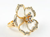 Beautiful Large Flower Design White Enamel & CZ Gold Tone Brass Ring