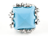Unique Large Square Shape Center Turquoise Stone Vintage CZ Design Brass Ring