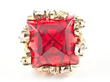 Unique Large Square Shape Center Red Stone Vintage CZ Design Gold Tone Brass Ring
