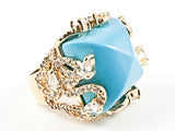 Unique Large Square Shape Center Turquoise Stone Vintage CZ Design Gold Tone Brass Ring