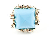 Unique Large Square Shape Center Turquoise Stone Vintage CZ Design Gold Tone Brass Ring