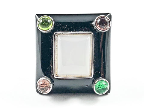 Unique Rectangle Shape With Multi Color Corner Crystals & Center Rectangle Pink Stone Brass Ring