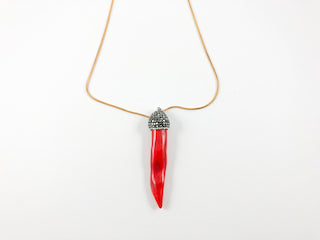 Long Shaped Coral Stone With Grey Stones and Yellow Gold Snake Necklace