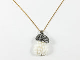 Unique Organic Fossilized White Stone With Dark Marcasite CZs Brass Necklace