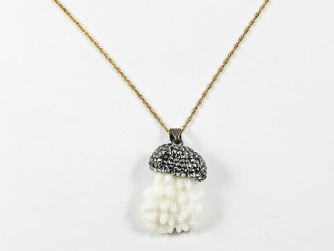 Unique Organic Fossilized White Stone With Dark Marcasite CZs Brass Necklace