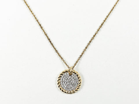 Beautiful, Classic & Dainty Micropave Round Disk Yellow Gold Plated Brass Necklace