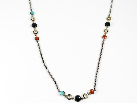 Modern Round Colorful Disc Design Long Brass Necklace